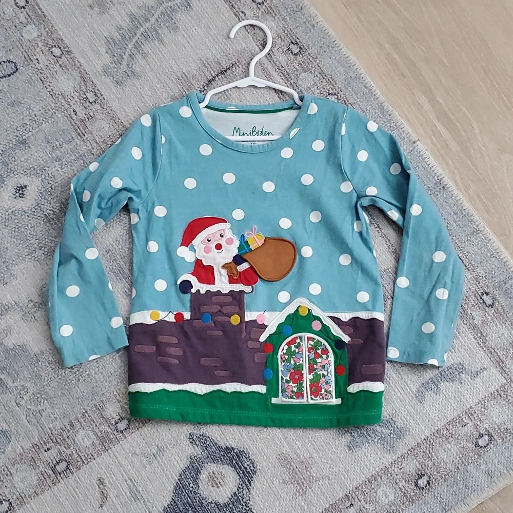 Mini Boden Girls Lift The Flap Christmas Applique Santa Top Shirt Blue Sz4-5y